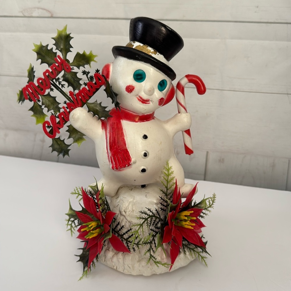 Vintage Merry Christmas Snowman Blow Mold Table Top Centerpiece Assemblage